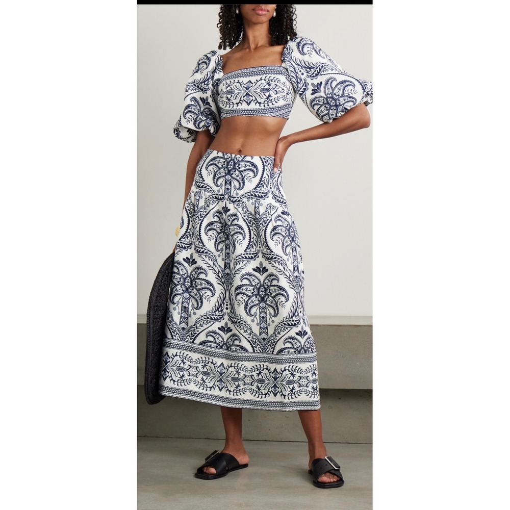 Farm Rio Blue White Tile Palm Print Crop Top and Midi Skirt Matching Set NWOT